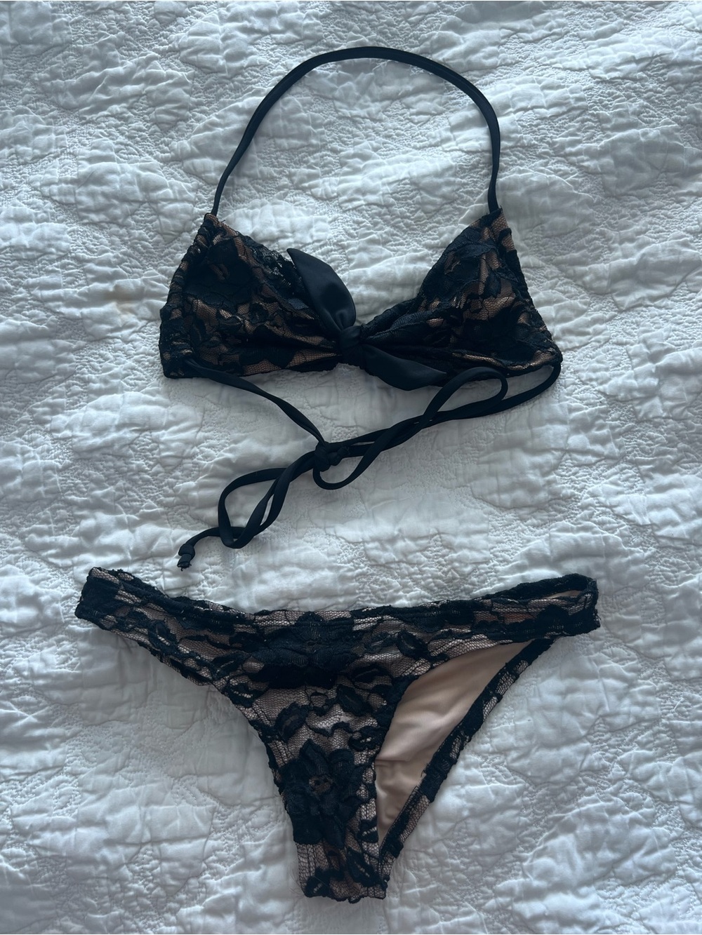 Women's Black Lace Bikini Set with Nude Lining - Elegant Two-Piece Swimwear